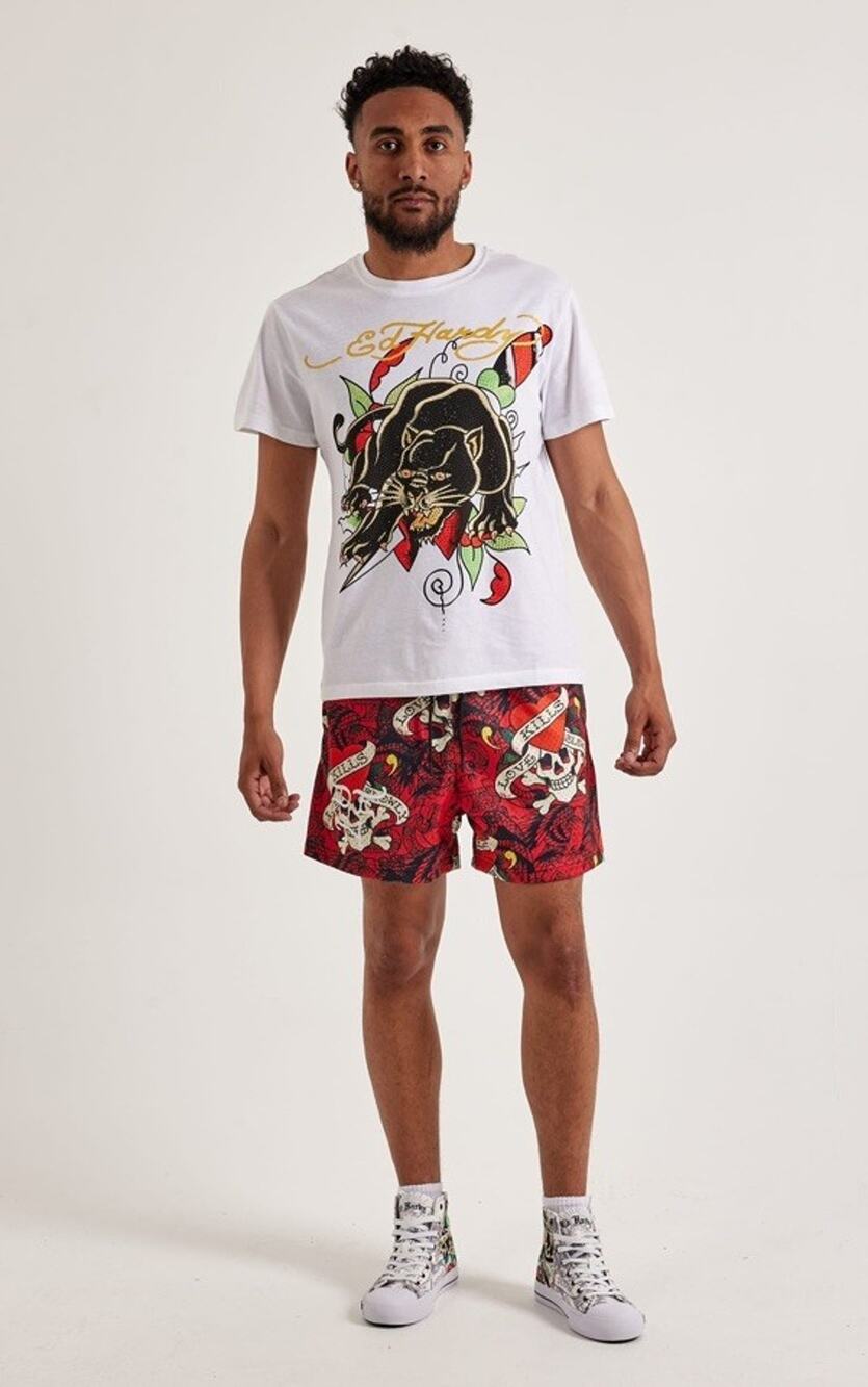 Ed Hardy Skull Mesh All Over Print Men’s Medium Lifestyle Shorts 5” Red/Black